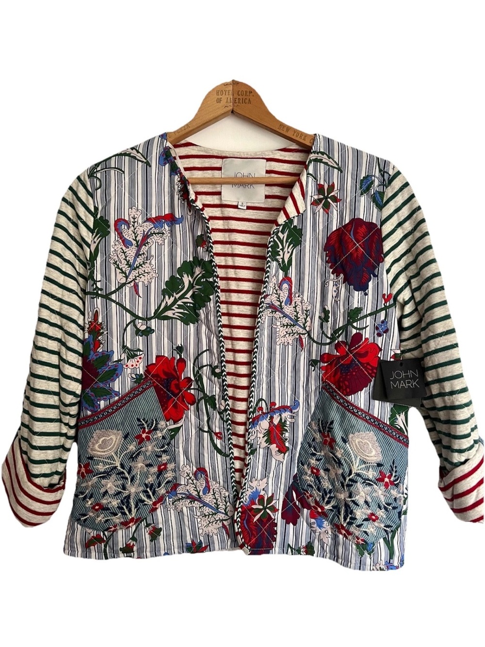 NWT John Mark Floral Embroidered Quilted Striped Multicolor Open Sweater Jacket